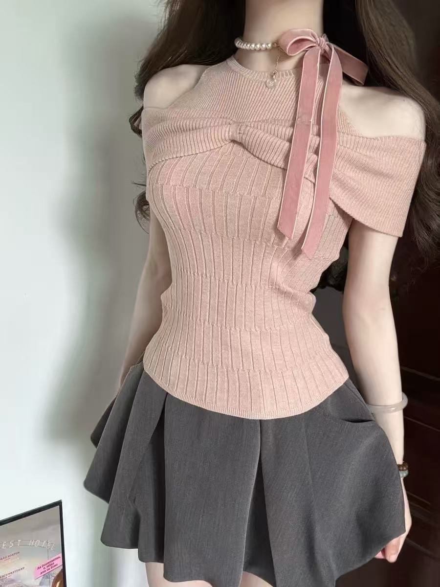 부드러운 달콤한 스타일 핑크색 나비 매듭 비틀림 디자인 센스 니트 스웨터 여성 여름 몸매 가꾸기 오프숄더 조심해. 선상에서 의류