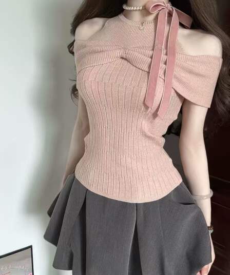 부드러운 달콤한 스타일 핑크색 나비 매듭 비틀림 디자인 센스 니트 스웨터 여성 여름 몸매 가꾸기 오프숄더 조심해. 선상에서 의류