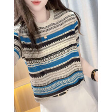 批发小众时尚复古镂空彩条圆领短袖<b class='q'>针织衫</b>女夏季薄款显瘦百搭休闲上衣