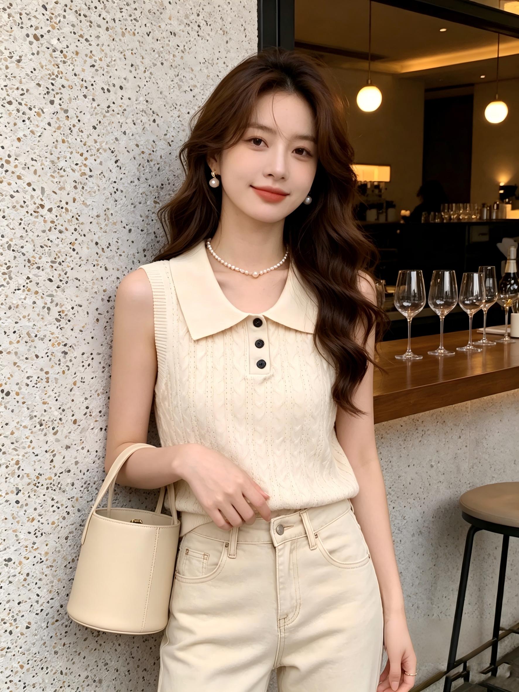 2026 여름 얇은 스타일 폴로 칼라 어깨 조끼 맨위 레트로 POLO 칼라 꽈배기 민소매 니트 스웨터 여성