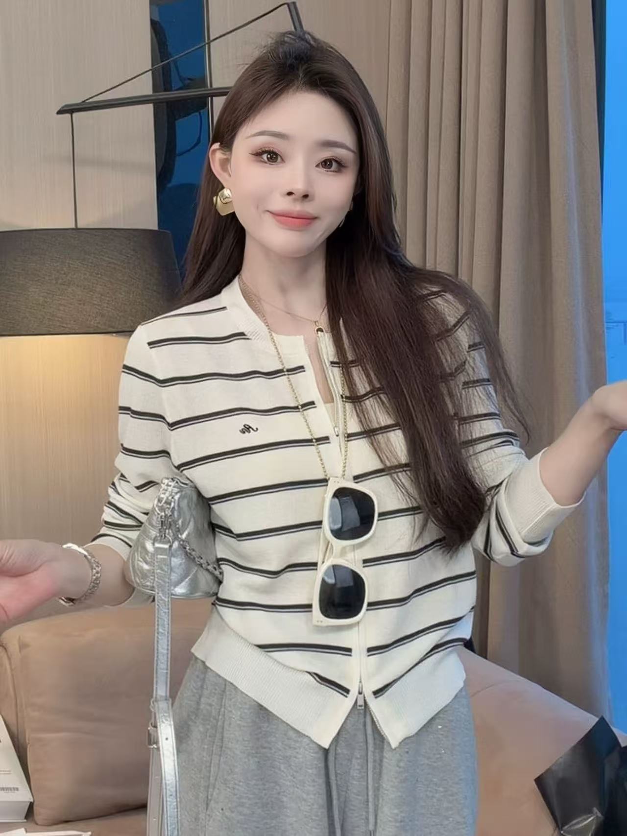 한 부서 느긋한 바람 패션 스트라이프 니트 오픈 가디건 여성 코트 봄 여름 새로운 자이언트 잘 생긴 ~ 중 자외선 차단 긴팔 맨위