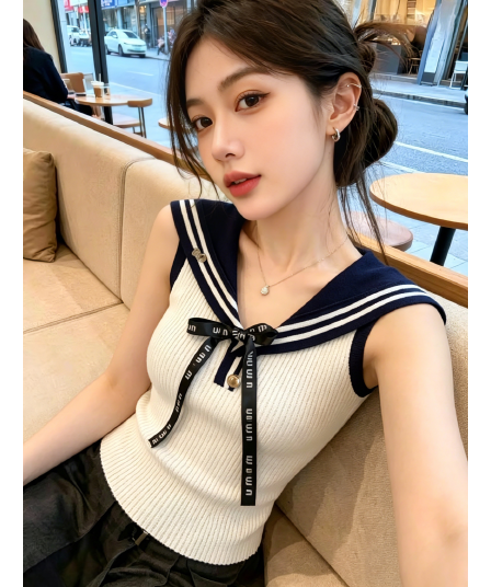 배색 해군 칼라 나비 매듭 니트 조끼 여성 2026 여름 새로운 고급 센스 몸매 가꾸기 맨위