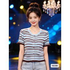 批发木耳边条纹短袖女小个子气质<b class='q'>短款</b>百搭上衣2026年夏季新款<b class='q'>针织</b><b class='q'>开衫</b>