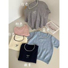 批发BLUEBERRY韩系温柔风<b class='q'>衬衫</b>套头女短袖<b class='q'>蝴蝶结</b>卷边刺绣新款花纹