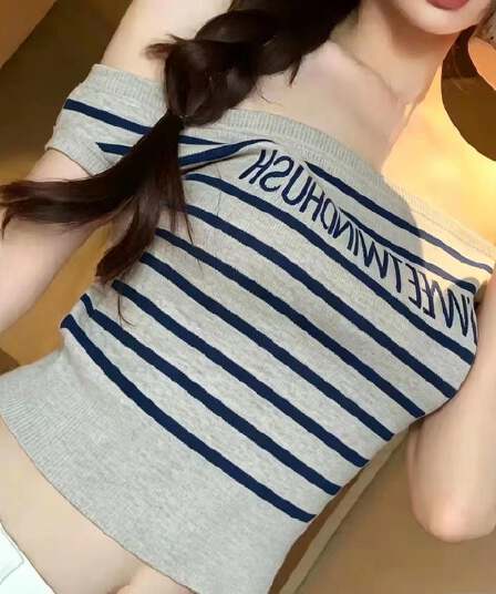 okmashop 한 남쪽 구멍 유럽 니켈 스트라이프 니트 스웨터 여성 여름 순수한 욕망 섹시함 몸매 가꾸기 오프숄더 맨위