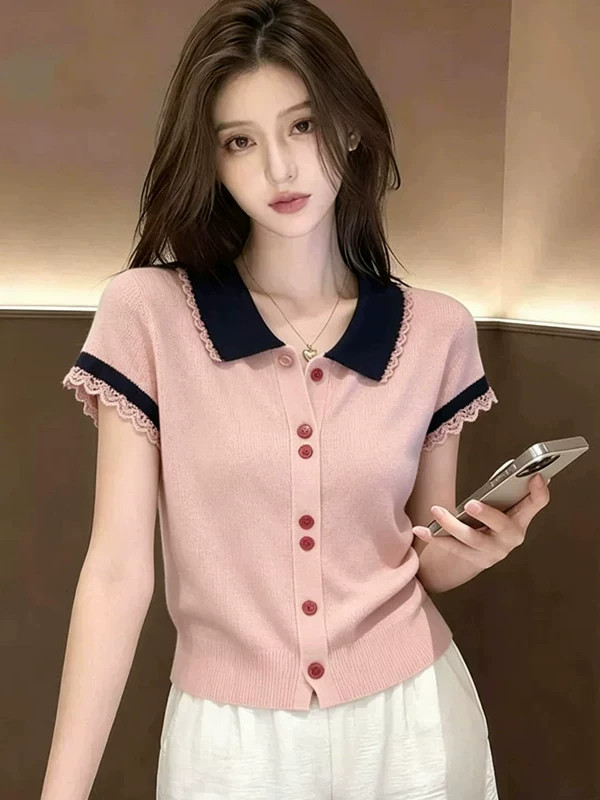 여름 새로운 부드러운 달콤함 연령 감소 품격 패치워크 색상 싱글 줄 버튼 다용도 슬림해 보이는 핑크색 니트 오픈 가디건 맨위 여성