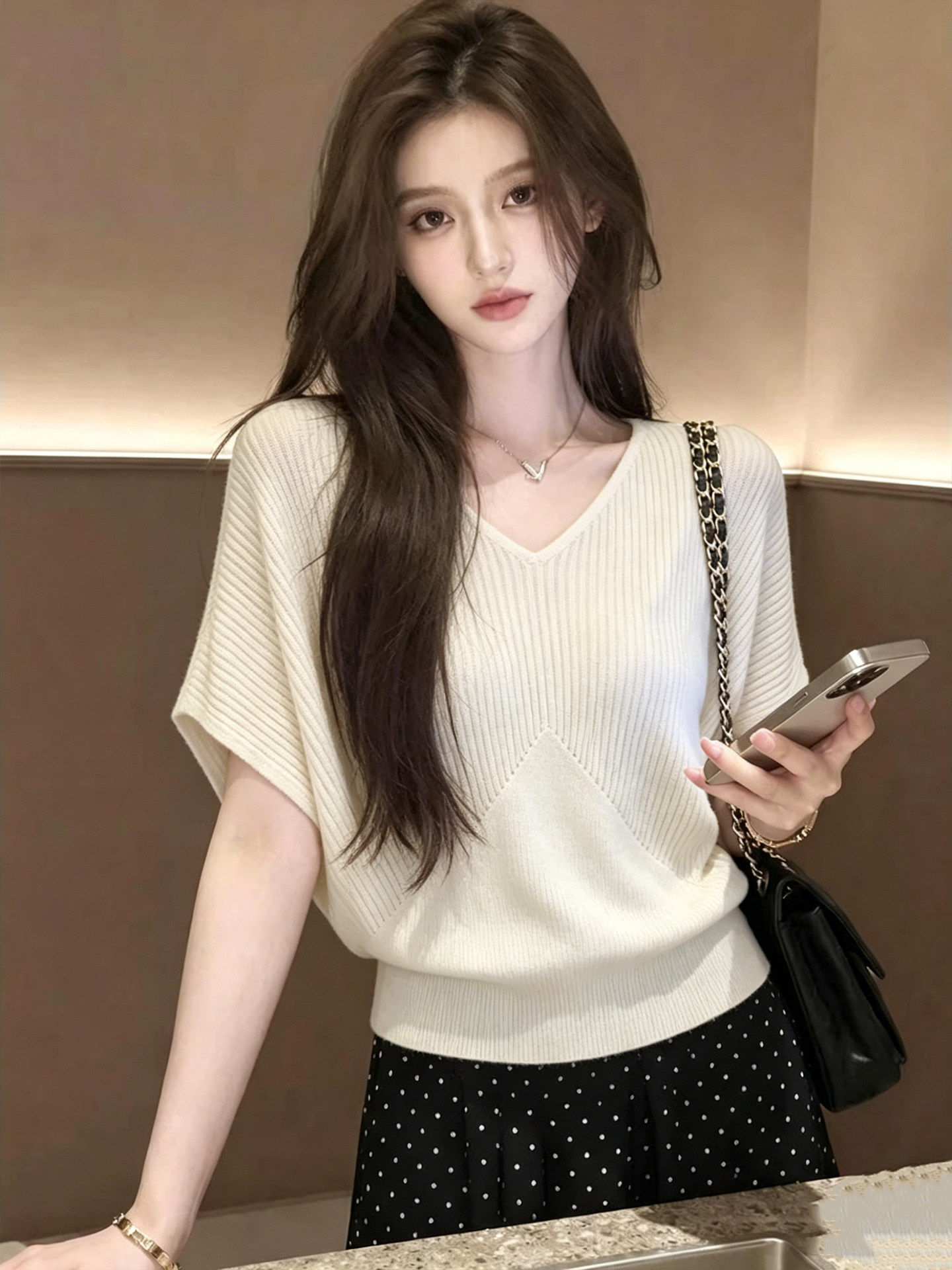 한 부서 미니멀리즘 바람 V넥 배트윙 소매 디자인 반팔 니트 스웨터 여성 여름 루즈핏 슬림해 보이는 다용도 티셔츠 얇은 맨위