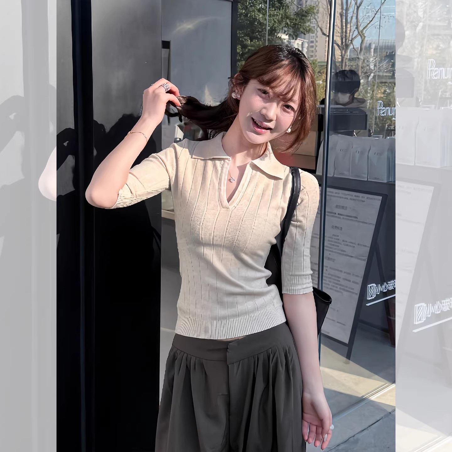 한 부서 착용 가져 가라. POLO 칼라 5 점 소매 니트 기본 셔츠 여성 봄 드레스 몸매 가꾸기 슬림해 보이는 인사이드 가져 가라. 긍정적 인 어깨 중간 소매 맨위