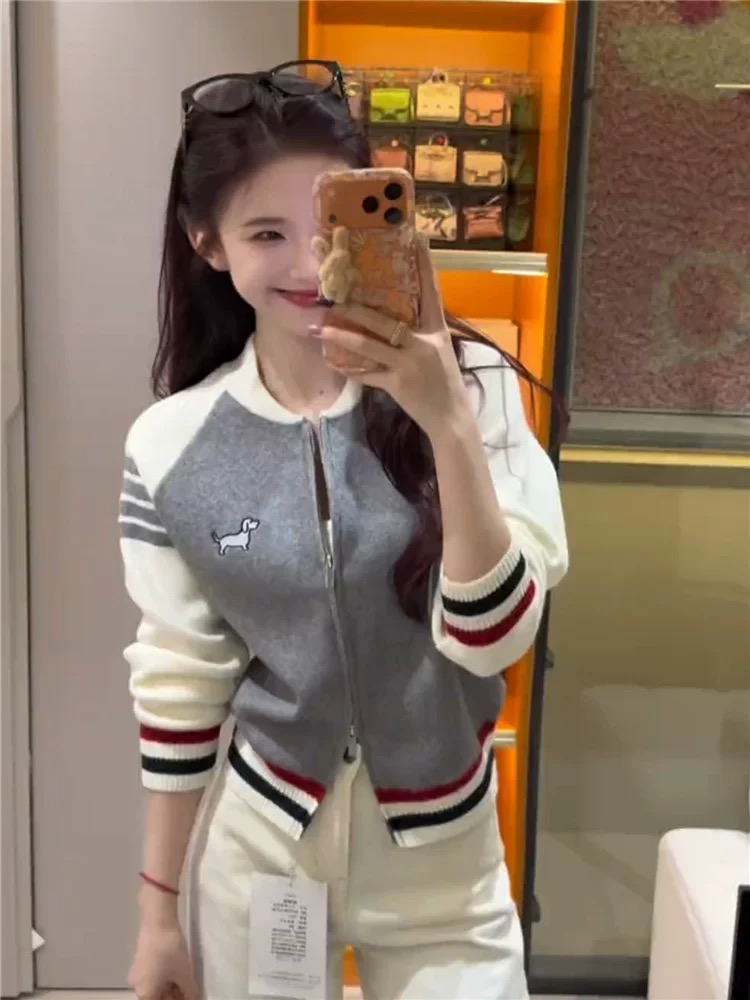 한 부서 학원 스타일 패치워크 색상 니트 오픈 가디건 여성 코트 가을 겨울 외출용 작은 키 루즈핏 쇼트 스타일 야구 유니폼 맨위