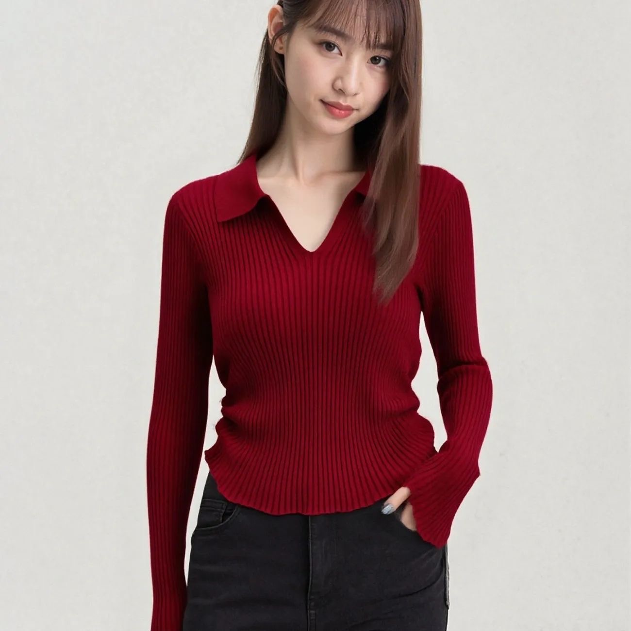 POLO 칼라 긴팔 니트 스웨터 여성 가을 겨울 한국 스타일 2025 새로운 몸매 가꾸기 슬림해 보이는 구덩이 스트라이프 인사이드 가져 가라. 허리 수축 맨위