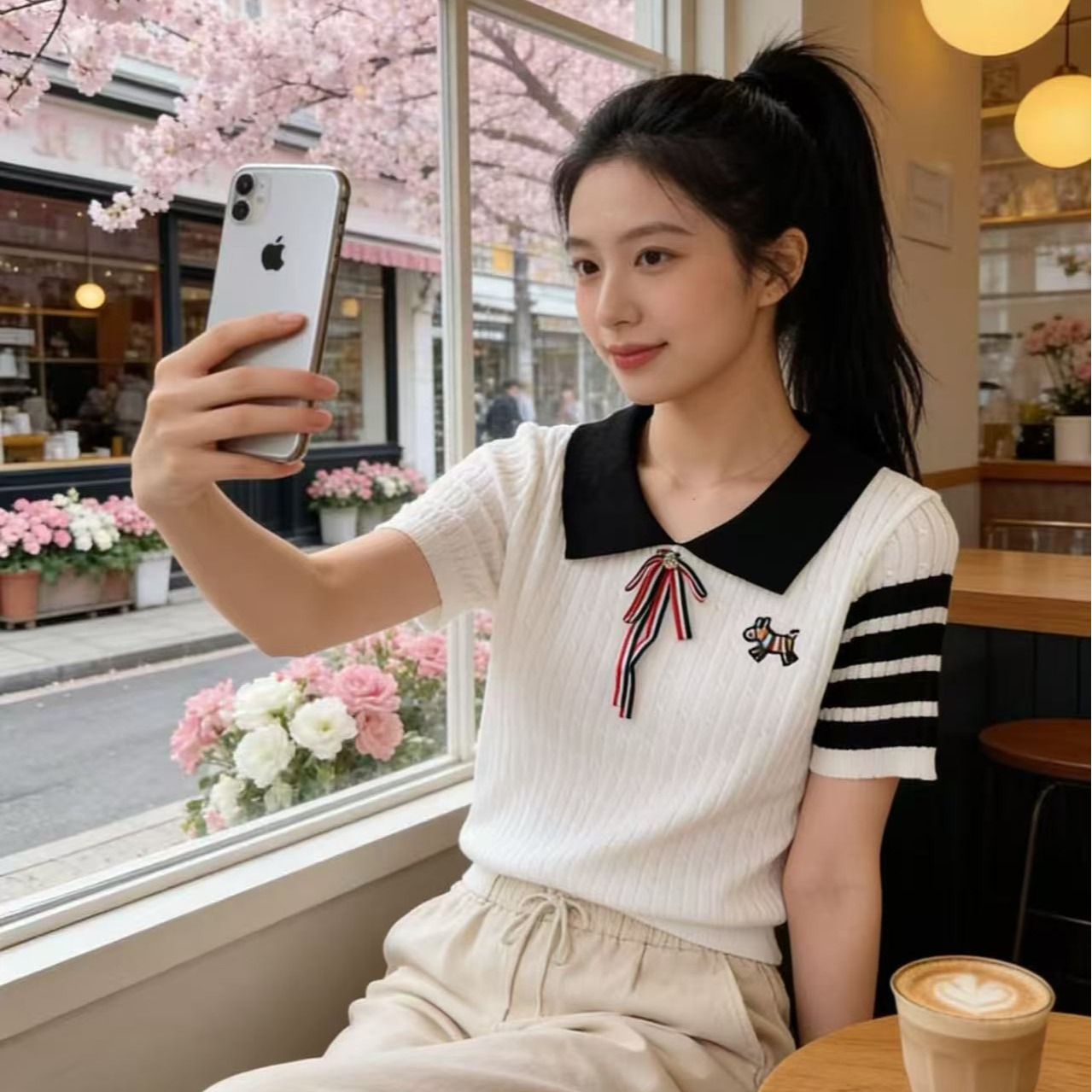 2026 년 여름 패션 POLO 칼라 나비 매듭 작은 말 자수 반팔