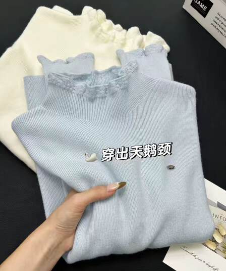 프랑스식 절묘한 miu 부서 프릴 기본 셔츠 여성 의류 가을 겨울 반하이넥 인사이드 가져 가라. 스웨터 긴팔 니트 맨위