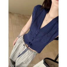 批发韩系复古老钱风V领系带<b class='q'>针织</b>衫女夏季新款气质<b class='q'>短袖</b>外穿高级感上衣