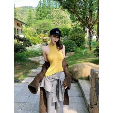 批发辣妹挂脖无袖针织背心女夏季外穿修身小众别致后背系带不规则上衣