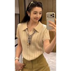 老钱风穿搭法式丝巾系带镂空翻领针织短袖T恤女夏季修身短款上衣