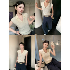 批发休闲舒适百搭短袖T恤女2026夏薄款简约翻领无袖针织Polo衫上衣