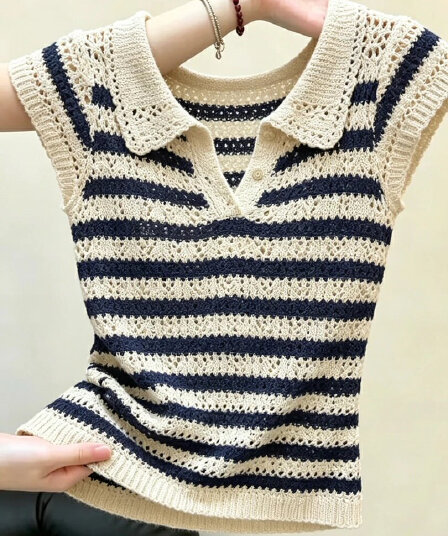 스트라이프 POLO 칼라 홀로우 아웃 니트 스웨터 여성 여름 레트로 연령 감소 다용도 슬림해 보이는 대 사이즈 폴로 칼라 민소매 맨위