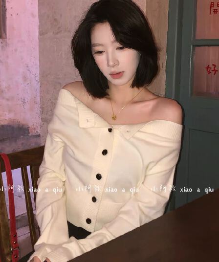 실사 그림 오프숄더 허리 수축 긴팔 인사이드 가져 가라. 양모 니트 스웨터 여성 새로운 한 부서 아름다운 아름다운 몸매 가꾸기 맨위