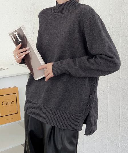 2026 년 봄 가을 느슨함 바람 반하이넥 긴팔 니트 스웨터 여성 루즈핏 슬림해 보이는 단추 트임 스웨터 맨위