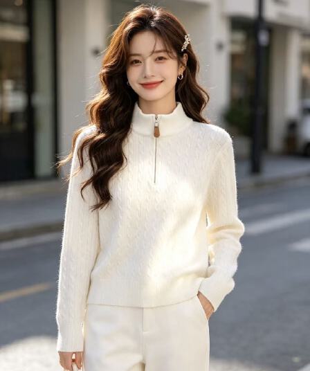 2026 새로운 부드러운 바람 하프 높음 라운드 넥 지퍼 단색 몸매 가꾸기 슬림해 보이는 털 니트 스웨터 여성