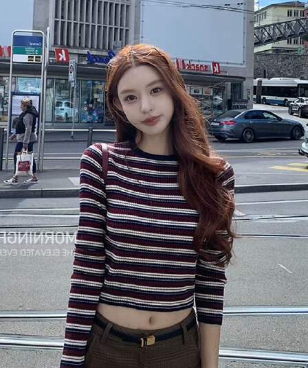 안녕하세요. 팬 팬 아름다움 숙박 outfit 해군 빨간색 스트라이프 니트 맨위 여성 이른 가을 일상 착용 가져 가라. 니트 스웨터