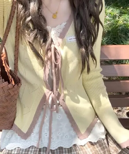 가을 겨울 새로운 달콤함 레트로 배색 자수 재킷 하트 홀로우 아웃 레이스업 니트 얇은 오픈 가디건
