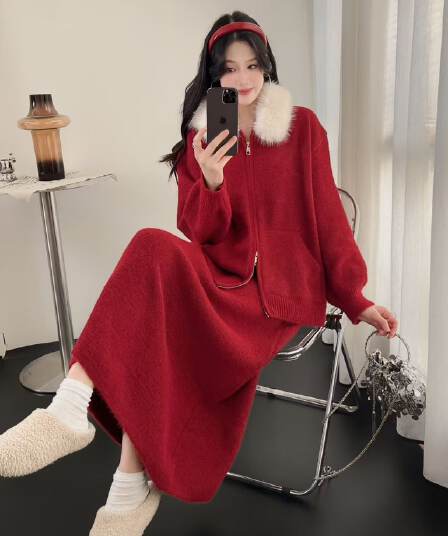 한 부서 품격 그레이트 통해보기 가져 가라. 새로운 카디건 코트 반 스커트 모피 칼라 여성 가을 2 세트