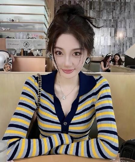 새로운 오래된 돈 바람 폴로 칼라 배색 단추 스트라이프 니트 기본 셔츠 여성