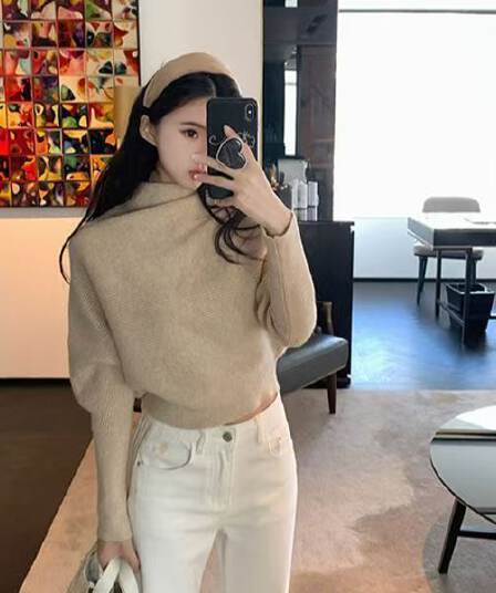 famouswang 가을 새로운 디자인 센스 작은 대중 배트윙 소매 긴팔 망토 스웨터 여성 코트