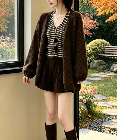 느긋한 바람 품격 스트라이프 행침 목 민소매 조끼 니트 오픈 가디건 2026 가을 겨울 새로운 아름다운 맨위 투피스 세트