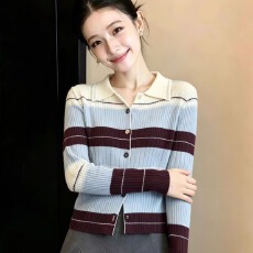 批发撞色条纹针织<b class='q'>开衫</b>女2026秋季新款法式优雅翻领显瘦上衣