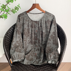 批发实拍<b class='q'>文艺</b><b class='q'>范</b>复古做旧印花气质亚麻洗水上衣宽松百搭显瘦洋气小外套