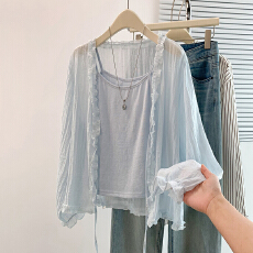 批发实拍大码女装韩系木耳边系带防晒开衫  洋气减龄<b class='q'>宽松</b>吊带两件套装