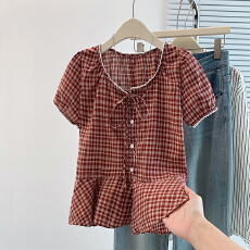 批发实拍大码女装韩版减龄花边<b class='q'>格子</b>泡泡袖衬<b class='q'>衫</b> 甜美洋气娃娃<b class='q'>衫</b>上衣潮