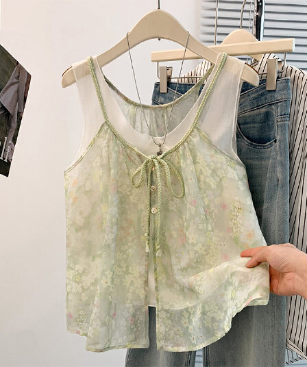 실사 달콤함 연령 감소 꽃무늬 캐미솔 2026 얇은 스타일 인사이드 가져 가라. 망사 작은 셔츠 스택 착용 투피스 세트 맨위