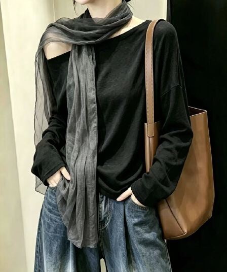 실사 한 부서 느긋한 바람 보트넥 티셔츠 익스트림 제인 바람 느슨함 센스 루즈핏 기초 슬림해 보이는 맨위 보내기 스카프