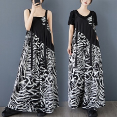 批发实拍雪纺印花撞色不规则拼接可调节<b class='q'>背带裤</b>时尚休闲百搭连体阔腿裤