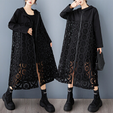 批发实拍小众设计感<b class='q'>蕾丝</b>拼接宽松时尚连帽外套暗黑时尚镂空拉链长风衣