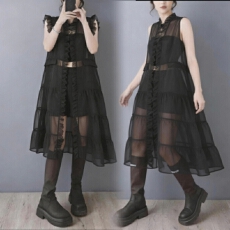 批发实拍小众设计感欧根纱木耳边长款马甲连衣裙网纱透视防嗮开衫罩衫