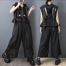 批发实拍暗黑风连帽镂空<b class='q'>个性</b>拉链小众短外套+<b class='q'>时尚</b>工装网纱阔腿裤裙