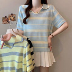 批发实拍大码女装春夏条纹翻领设计感<b class='q'>上衣</b>胖MM百搭显瘦减龄<b class='q'>针织</b>衫T恤