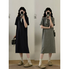 批发实拍大码女装春夏设计感丝巾POLOt恤裙胖mm气质显瘦短袖连衣裙