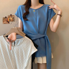 批发实拍大码女装春夏新款设计感腰带短袖<b class='q'>衬衫</b>胖MM显瘦遮肚百搭上衣