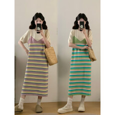 批发实拍大码女装春夏新款胖MM法式气质拼接假两件遮肚显瘦短袖连衣裙