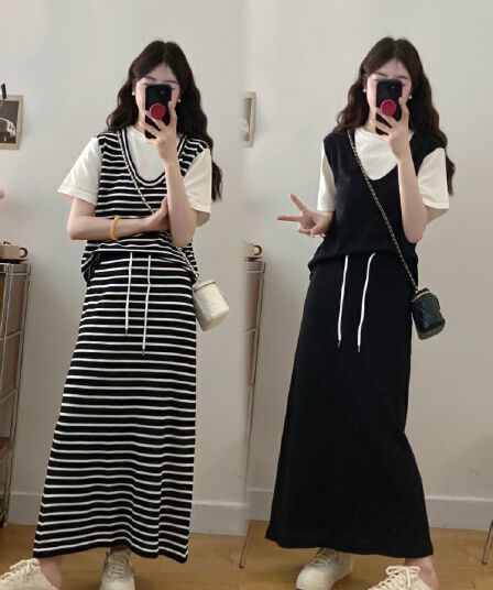 실사 빅 사이즈 여성 의류 봄 여름 페이크 레이어드 패치워크 치마 세트 지방 mm 패션 연령 감소 슬림해 보이는 니트 투피스 세트