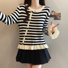 批发实拍大码女装春季新款撞色荷叶边毛衣胖mm时尚百搭显瘦针织衫上衣