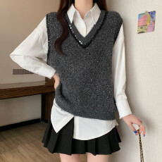 批发实拍大码女装胖M时尚V领亮片针织<b class='q'>马甲</b>气质中长款白衬衫显瘦两件套