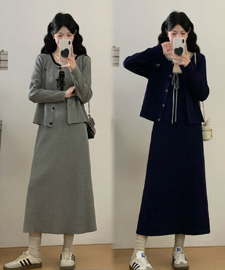 실사 빅 사이즈 여성 의류 가을 겨울 디자인 센스 배색 레이스업 니트 슬립 드레스 오픈 가디건 슬림해 보이는 투피스 세트