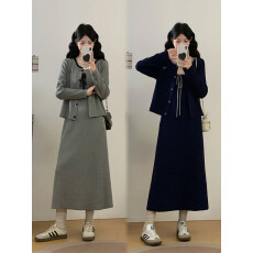 批发实拍<b class='q'>大码</b><b class='q'>女装</b>秋冬设计感撞色系带针织吊带连衣裙开衫显瘦两件套