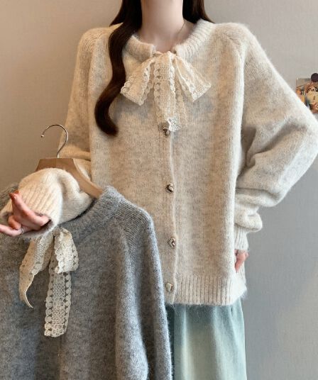 실사 빅 사이즈 여성 의류 지방 mm 가을 겨울 라운드 넥 레이스 나비 매듭 오픈 가디건 스웨터 코트 다용도 긴팔 맨위